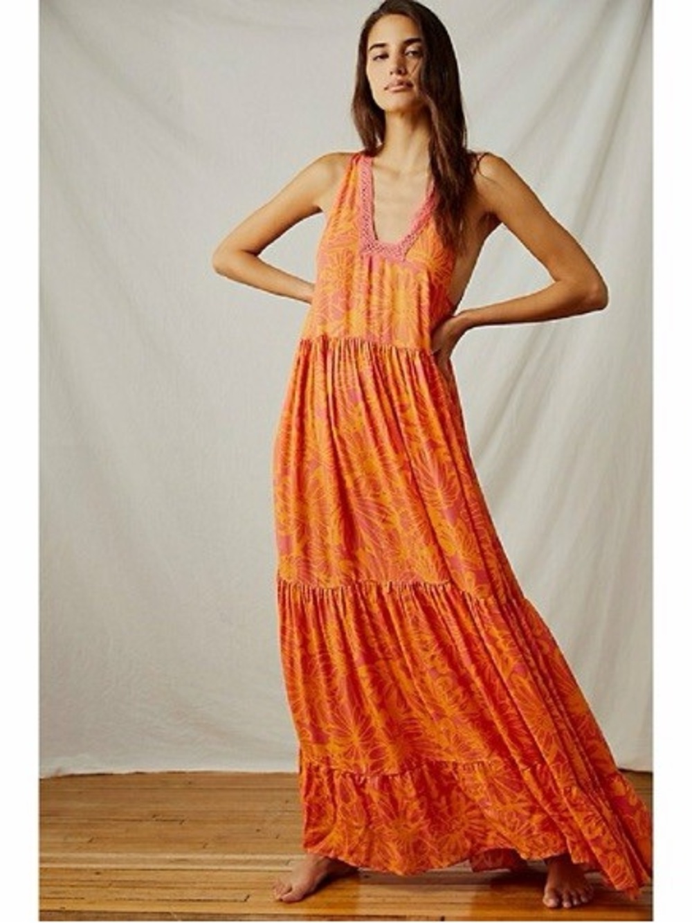 Free People Pink Orange Floral Maxi Dress Boho Sleeveless Size M Summer - Picture 2 of 12